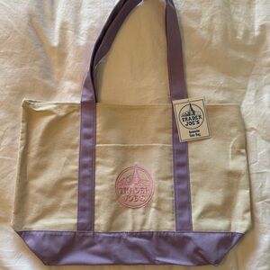 NWT Trader Joe's Beige Canvas Tote with Lavender Trim